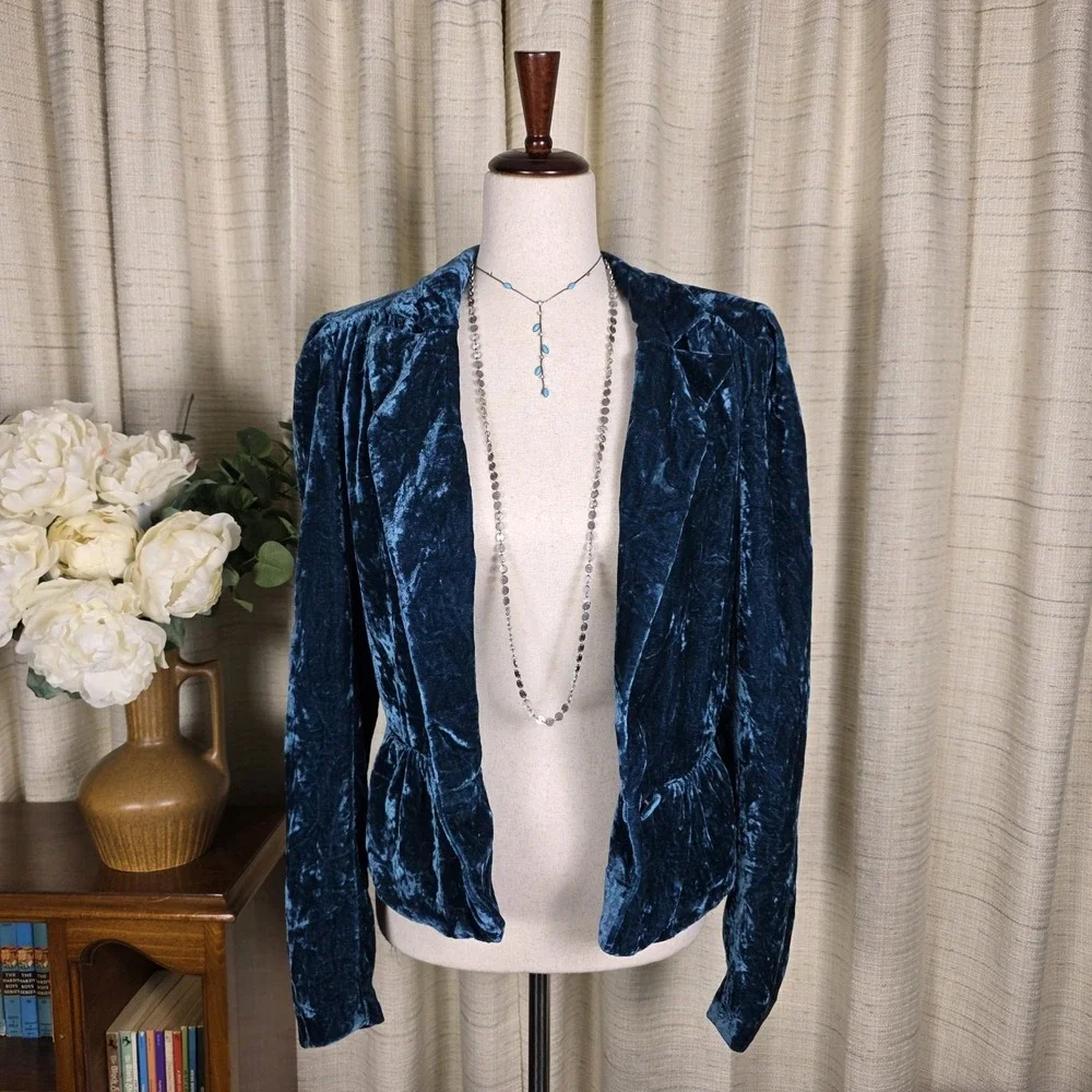 Vintage Crushed Velvet Jacket Blazer SZ S Regency Whimsigoth  Teal Blue Cinched